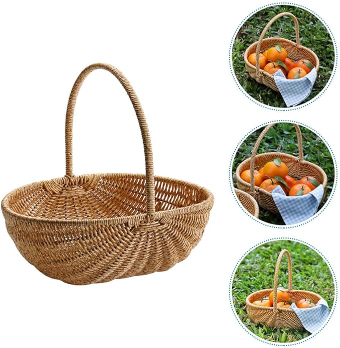 Kisangel Creative Light Brown Picnic Basket - Multi-Functional Rattan Style Harvest Shopping Basket for Fruits Vegetables Outdoor Activities and Kitchen Storage