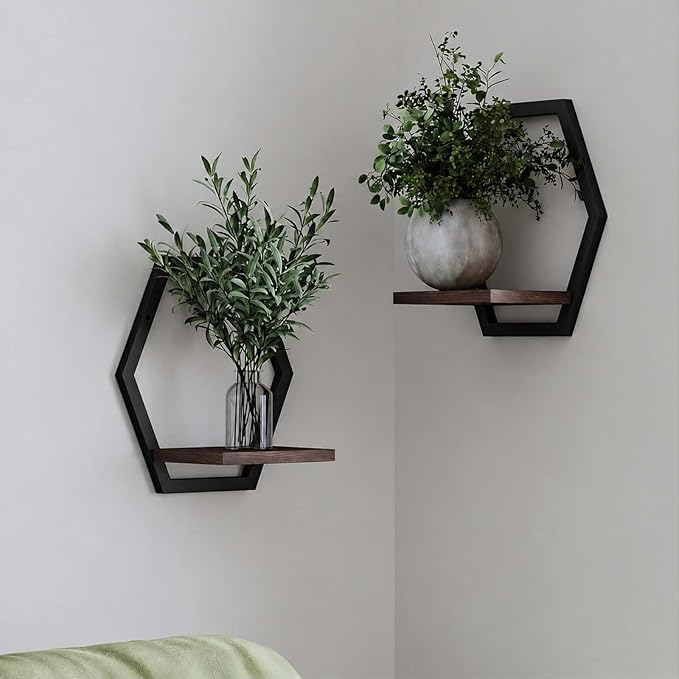 2 Pack Walnut Color Solid Wood & Metal Framework Wall Plant Stands,9 inch Natural Wood Shelf of Indoor,Mid Century Modern Hanging Planter for Outdoor Entryway 25 LB Load for Plants Black