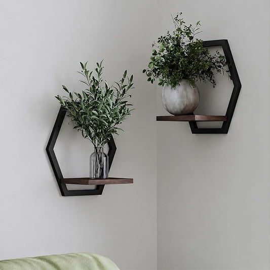 2 Pack Walnut Color Solid Wood & Metal Framework Wall Plant Stands,9 inch Natural Wood Shelf of Indoor,Mid Century Modern Hanging Planter for Outdoor Entryway 25 LB Load for Plants Black