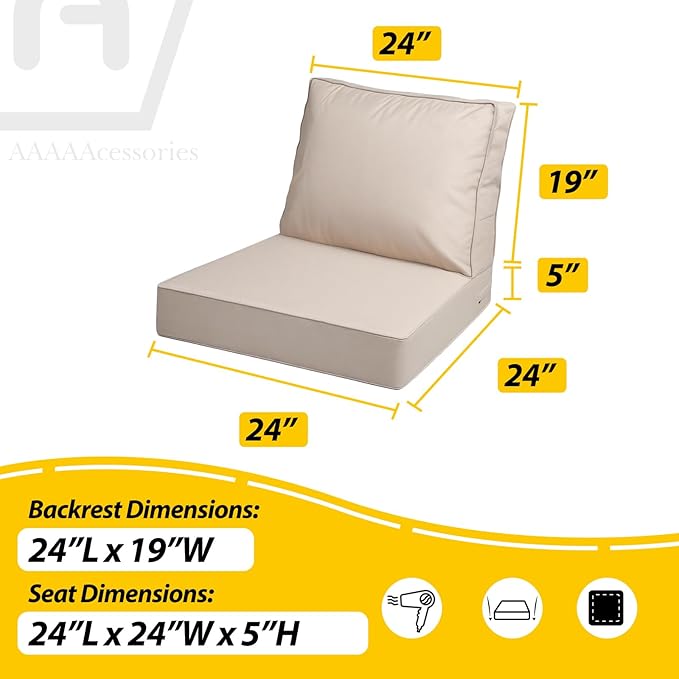 AAAAAcessories Outdoor Deep Seat Cushions with Double Welted Pillow, Waterproof, Fade-Resistant Patio Furniture Replacement Cushions, 24" x 24" x 5" + 24" x 19", Sandstone Beige
