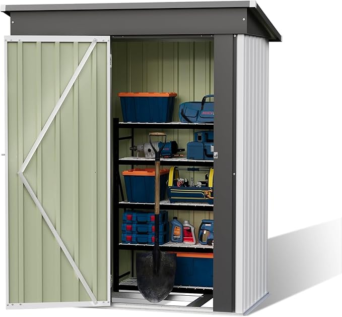 Patiowell 5x3 FT Storage Shed with Floor Frame, Small Metal Garden Sheds with Sloping Roof and Lockable Door, Waterproof Steel Patio Tool Shed for Backyard Garden Lawn, White
