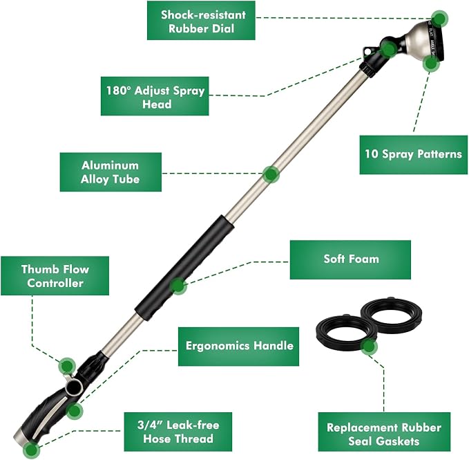 RESTMO 36” Long Watering Wand, Metal Garden Hose Wand with 180° Swivel Head, High Pressure Hose Nozzle Sprayer, Heavy Duty Brass Head, for Car Washing, Garden Cleaning, Lawn and Plant Watering