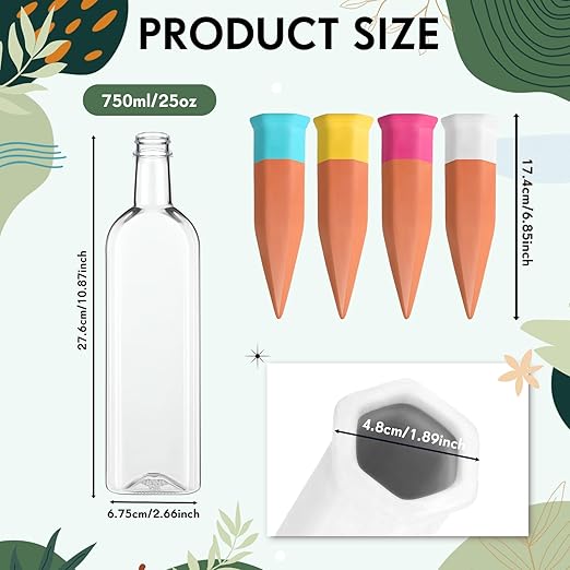 Ziliny 12 Pack Terracotta Watering Spikes Devices, Plant Self Watering Spikes with 25 oz Plastic Wine Bottles, Slow Release Vacation Insert Plant Waterer Devices for Indoor Outdoor