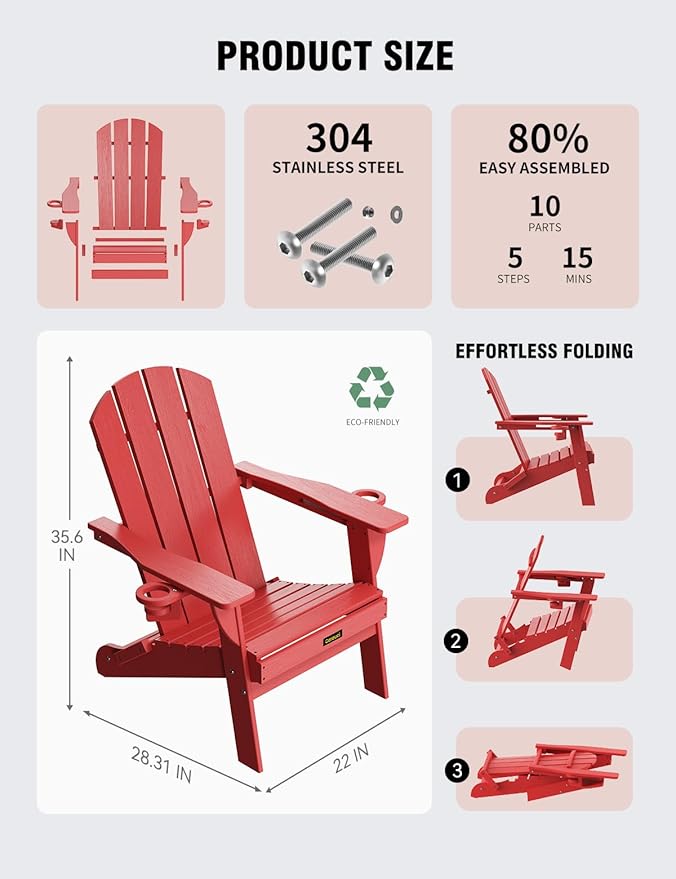 Folding Adirondack Chair Set of 2, Wooden Textured Plastic Adirondack Chairs with 2 Cup Holder, Weather Resistant HDPE Fire Pit Chair, Outdoor Patio Chairs for Garden, Backyard, Lawn, Deck, Red