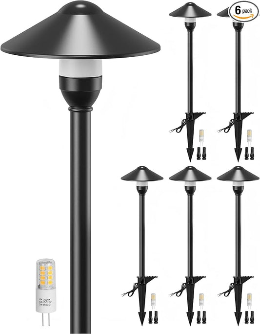 PARTPHONER Low Voltage Landscape Lighting 6-Pack, Aluminum 12V Pathway Lights with G4 Bulbs, Waterproof Stylish Matte Black Color Round Shade Path Lights with Connectors for Walkway Yard Garden