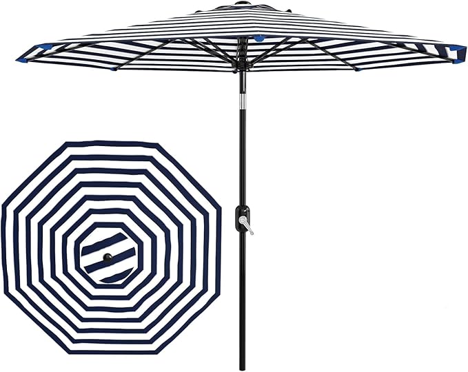 Garvee 9 ft Patio Umbrella - 8 Sturdy Ribs Outdoor Table Umbrella with Crank Lift & Push Button Tilt - Market Umbrella for Pool, Deck, Yard, Garden -Navy blue & White Stripe