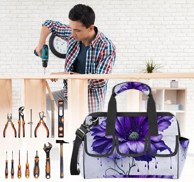 15 Inch Tool Bag 14-Pockets Tool Box Organizer for Men Big Floral Purple Tool Tote Bag Waterproof Toolbox with Shoulder Strap Heavy Duty Garden Tool Organizer for Mechanic