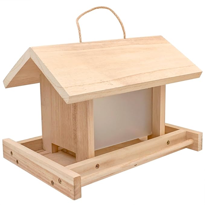 Hanging Wooden Bird Feeder Outdoor Large Capacity Wooden Bird Feeder for Feed Outdoor Garden Wildbirds Wings Robin Sparrow Blue Bird (Light Wood Color, Flat Side Panel)