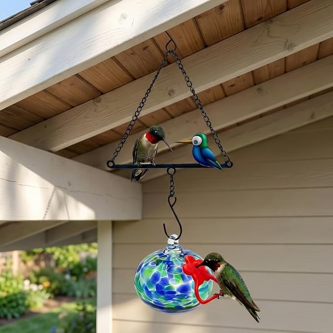 Headak Life Hummingbird Feeder for Outdoors Hanging,Metal Hummingbird Swing with Hand Blown Glass Hummingbird Feeder,Artistic Bird Perch & Garden Decor, Unique Gardening Gifts for Women(Deep Blue)