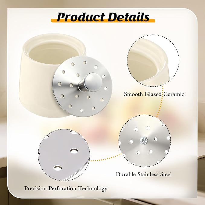 Ceramic Fruit Fly Trap for Indoors, Reusable Kitchen Fly Catcher with Stainless Steel Vent Lid, Uses Safe & Natural Vinegar Bait Trap, Dishwasher Safe, Easy to Use (White,3 Pack)