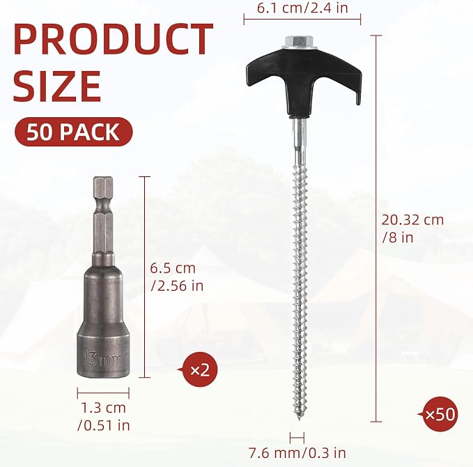 50 Pack 8 Inch Screw in Tent Stakes Heavy Duty Tent Stakes Screw in Ground Camping Stake with Hex Head Driver Metal Pegs Spikes for Camping Garden Yard (Black)