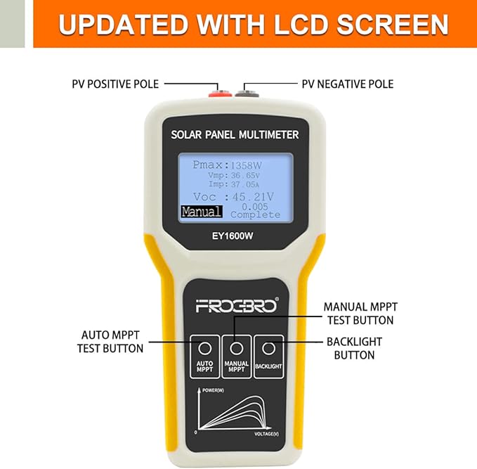 FrogBro Upgrade Solar Panel Tester Photovoltaic Multimeter Upgrade 1600W with Ultra Clear LCD, Smart MPPT Open Circuit Voltage Troubleshooting Utility Tool for Solar PV Testing (LCD 1600W)