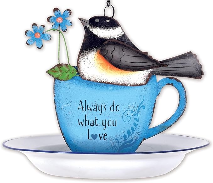 Sunset Vista Designs for The Birds Enameled Cup & Saucer Hanging Birdfeeder, 13.5-Inch, Chickadee