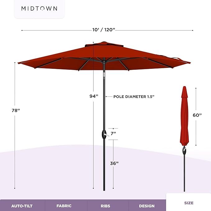 Midtown Umbrellas - 10-Year-No-Fade 10 Ft Patio Umbrella with Terylast Fabric, Auto-Tilt Aluminum Frame and 8 Reinforced Ribs for Deck, Pool, Garden & Beach - Apple Red Canopy, Black Pole