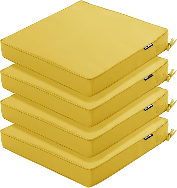 Outdoor Chair Cushions 19 x 19 Inch, Set of 4, Water Resistant Patio Chair Cushions with Tie Color Fastness Thick Outdoor Seat Cushion for Garden Lawn Patio Furniture Yellow