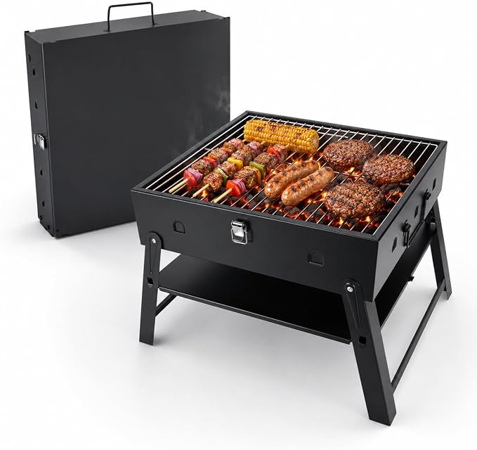 Portable BBQ Charcoal Camping Grill: Tabletop Folding Barbecue Grills for Outdoor Cooking, Beach, Travel, Tailgates, Fathers Day Birthday Grilling Gift for Men Dad Husband