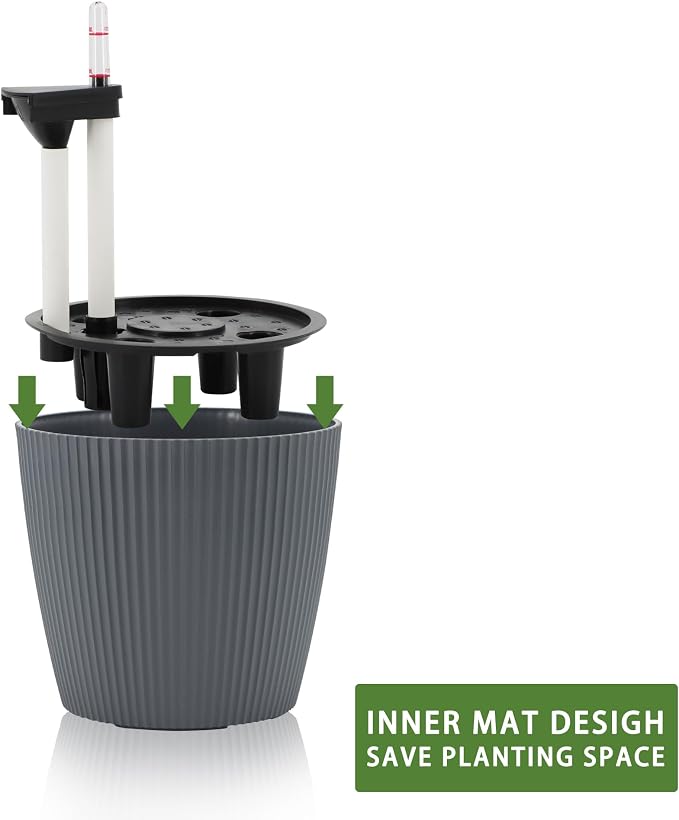 Dexceder 9x8 Self Watering Planters Indoor (2 Pack, Gray) | Inner Mat Design, Table Flower Plant Pot with Water Level Indicator