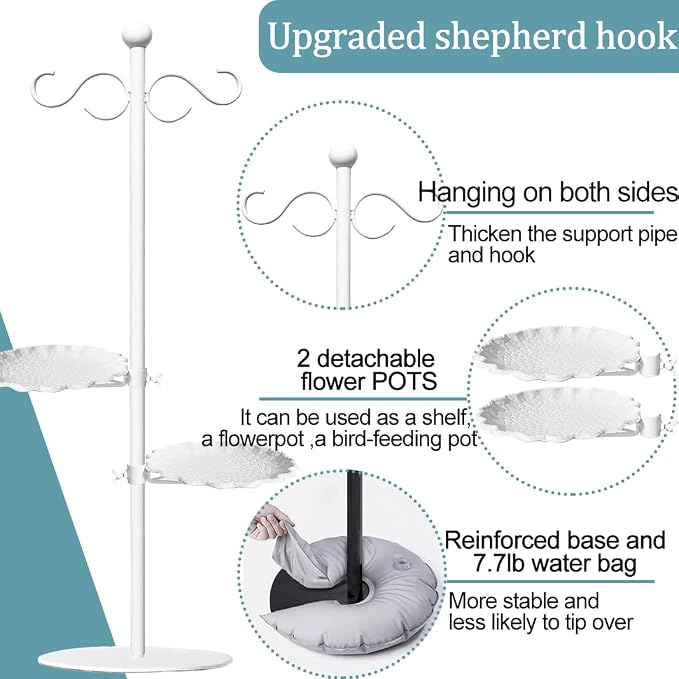 Upgraded 74" Shepherd's Hook for Bird Feeder，White Floor Hanging Plant，White Wind Chime Stand, Waterproof Metal & Adjustable-Height Standing Pole Holder for Wreath, Indoor & Outdoor（2 Placement Racks)