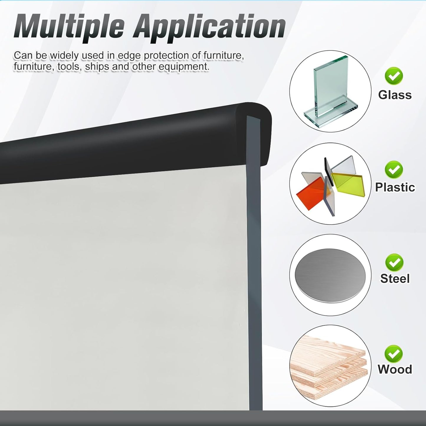 Rubber Edge Protector, Flexible Self-Adhesive U-Channel Trim, 3/16" Thick, Black, 20Ft - Protects Glass, Mirror, Plywood, Steel Panel Edges