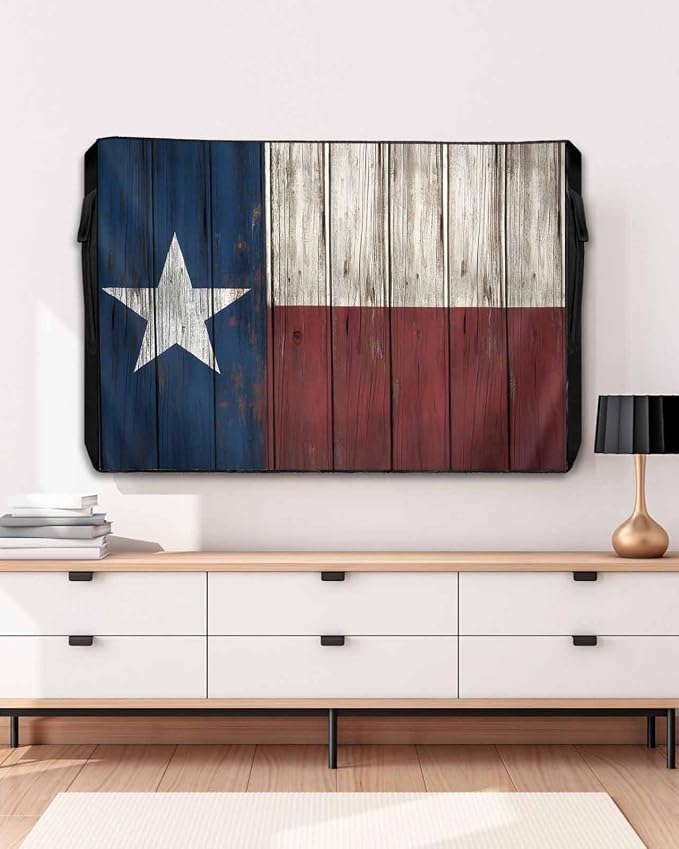 Western Texas Star Outdoor TV Cover 70-75 Inch Weatherproof, Country Outdoor TV Enclosure with Zipper & Roll Up Front Flap, Blue White Red Wood Waterproof TV Covers for Outside Flat Screen TV