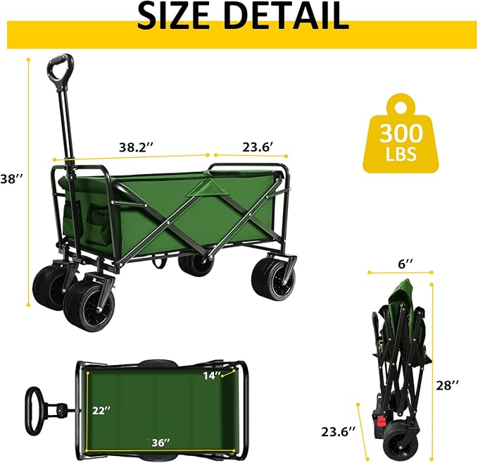 Foldable Wagon Cart, 300lbs Folding Utility Cart with All-Terrain Wheels, Collapsible Wagon for Gardening, Camping, Beach, Outdoor Use, Green