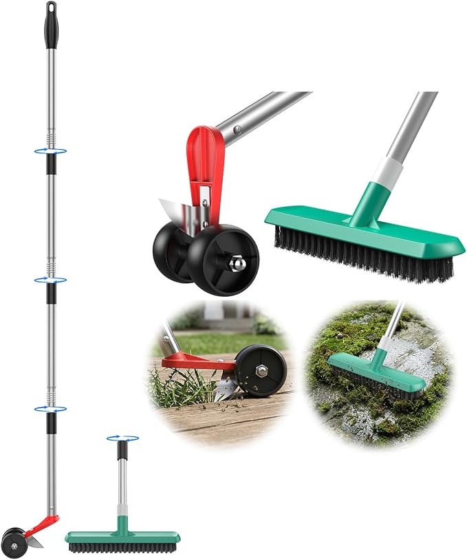 2-in-1 Crack Weeder Tool, Adjustable Long Handle Moss Remover with Wheeled Blade & Brush Head, Stainless Steel Crevice Weeding Puller for Sidewalk, Driveway, Patio, Pavers, Garden