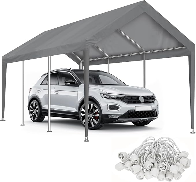 Carport Canopy 10'x20' Replacement Cover, Waterproof & UV Protected Garage Top Tarp Shelter Cover with Ball Bungee Cords, Car Cover Tent (Frame is not Included)