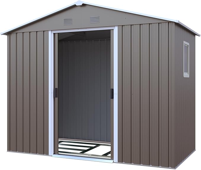 8x4 FT Outdoor Metal Storage Shed with Window, Galvanized Steel Garden Shed, Lockable Sliding Door, Sloped Roof, Ventilated Tool Storage House with Foundation Kit for Backyard Lawn, Gray