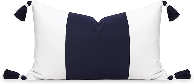 Hofdeco Premium Coastal Patio Outdoor Performance Lumbar Pillow Cover Only, 12"x20" Water Repellent, UV and Fade Resistant for Backyard, Couch, Dark Navy Blue Color Block with Tassels