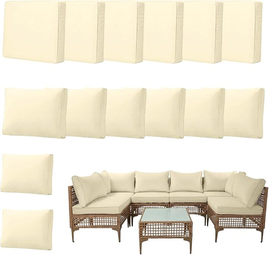 14pcs Outdoor Patio Cushion Covers Replacement, 25.6" Zippered Outdoor Cushion Covers Waterproof, UV Resistant & Washable Patio Furniture Cushion Covers Waterproof for Patio Sectional, Beige