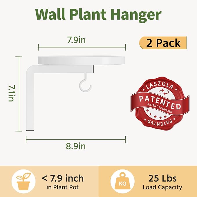 LASZOLA Plant Hangers Holder Wall Mounted Indoor, Metal Window Plant Shelves, 2Pcs Modern Floating Flower Display Stand with 2 Hooks for Outdoor Kitchen Bathroom Decor, White