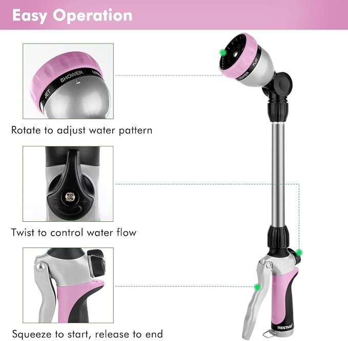 RESTMO Metal Watering Wand, Heavy Duty Garden Hose Wand with 180° Swivel Ratcheting Head, 16'' Hose Nozzle Sprayer with 7 Spray Patterns and Flow Control, for Water Hanging Baskets and Shrubs, Pink