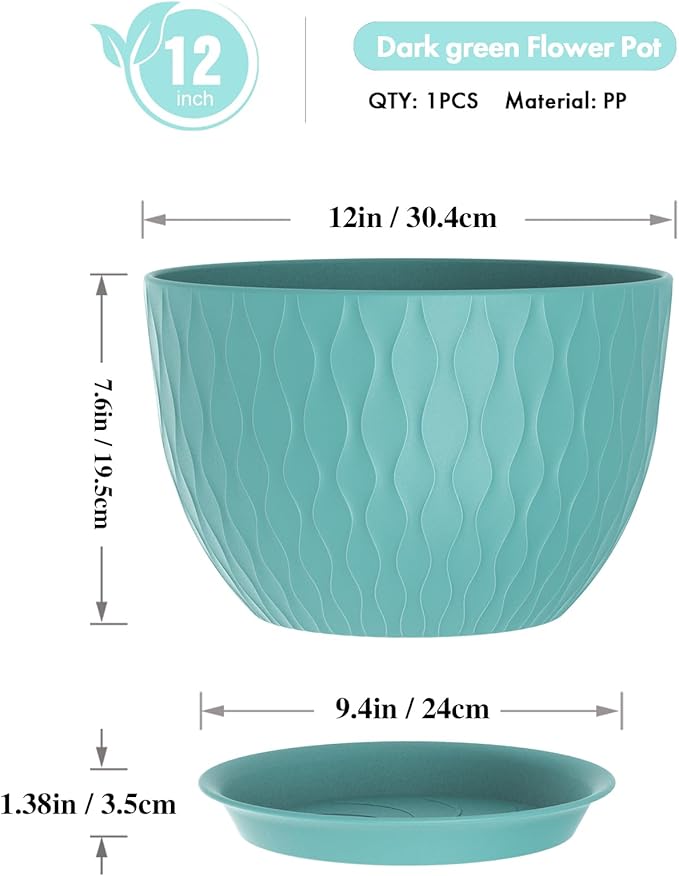 WSMKSZ 12 Inch Large Plant Pots for Indoor or Outdoor Plants, Wide Water Ripples Flower Pots with Drainage Holes & Saucer, Plastic Planters Set for Garden & Home Decor (Blue Green)
