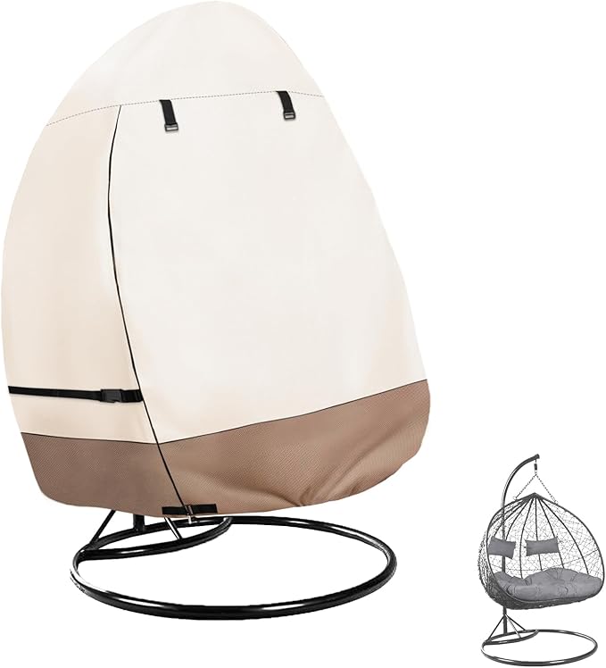 okcool Patio Hanging Egg Chair Cover, Waterproof Heavy Duty Outdoor Double Seat Swing Egg Chair with Stand Cover(Beige & Brown, 66″W x 43″D x 68″H)