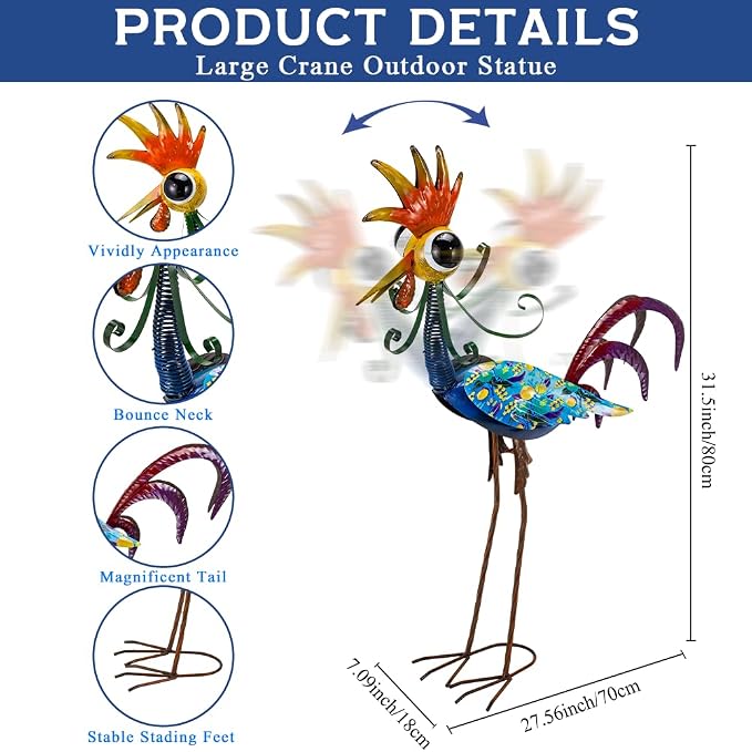 Metal Wacky Rooster Garden Statue, 31.5'' Rooster Decor Yard Statue Decorations Outdoor, Chicken Yard Art for Outside, Patio, Backyard, Lawn(Royal Blue)