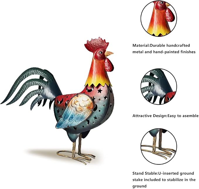 LIFFY Metal Rooster Yard Decor,18 Inch Solar Chicken Yard Decorations Outdoor,Garden Rooster Decor for Outside,Lawn Statues Decorative Ornaments for Home Patio Backyard Landscape