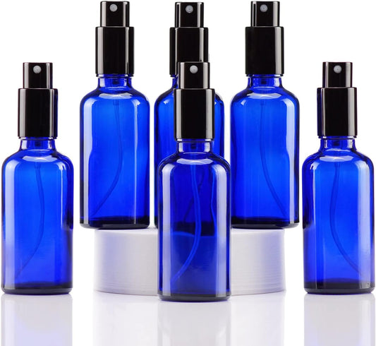YIZHAO Blue Glass Spray Bottles 2oz, with Small Fine Mist Spray, Metal Cap, Refillable for Essential Oil,Travel,Cleaning,Perfume,Aromatherapy,Makeup – 6 Pcs