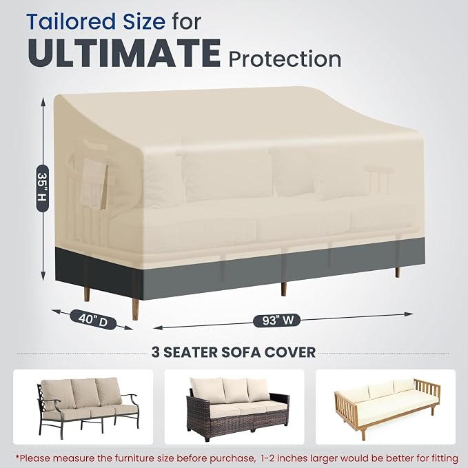 Extra Heavy Duty Outdoor Couch Cover Waterproof, Extra Large 3-Seater Patio Sofa Cover, Lawn Patio Furniture Covers with Air Vent, 93"W x 40"D x 35"H