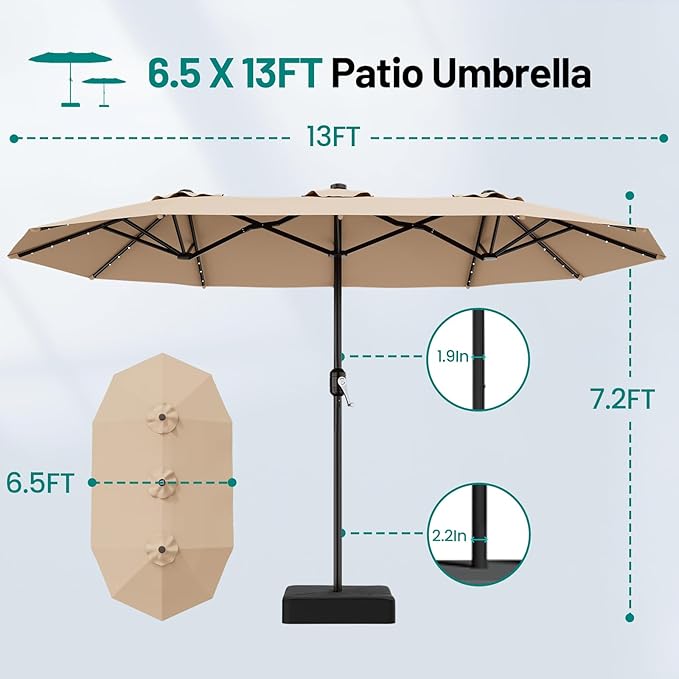 AreShark 13 FT Patio Umbrella with Solar Lights, Double-Sided Outdoor Table Umbrellas with Crank, Large Rectangular Market Umbrella for Porch, Lawn, Pool, Backyard, Beige