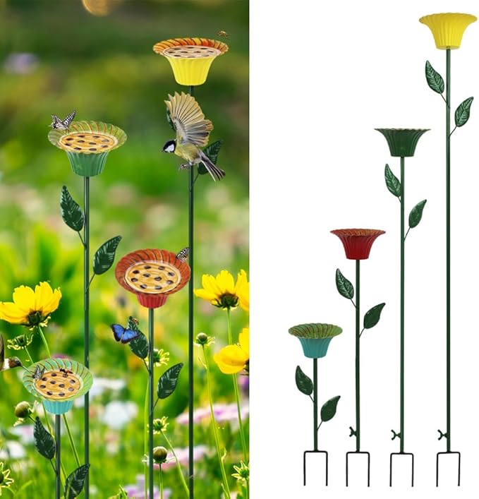 DREAMSOUL Metal Bird Bath with Bee Watering Station, Flower Bee Feeder 4 Pack Bird Bath for Outside Birds, Bees, Butterflies