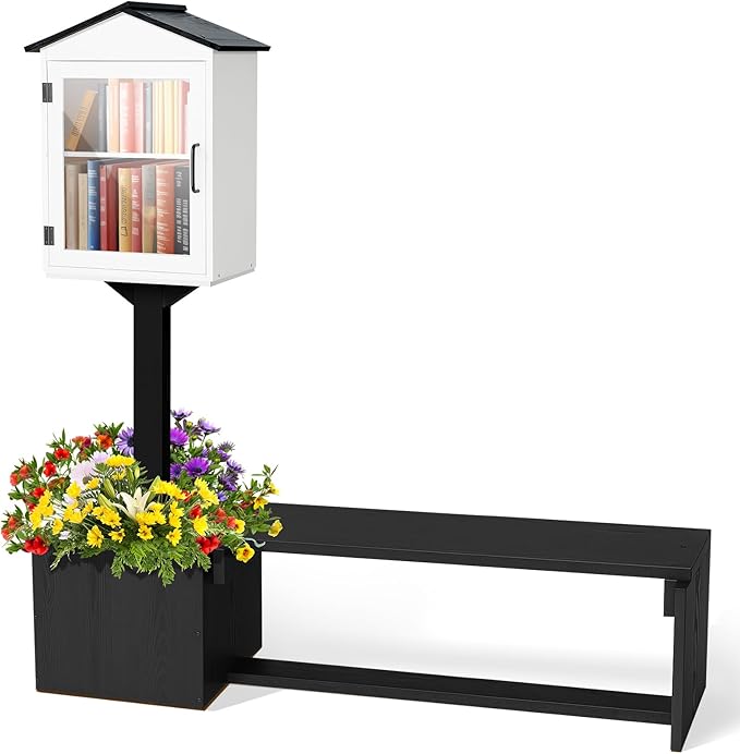 Wonderjune Little Library Box Outdoor, Weatherproof Solid Wood Free Library with Matching Wooden Seats Floor Plugs and Small Flower Fence for Neighborhoods Community School(Black and White)