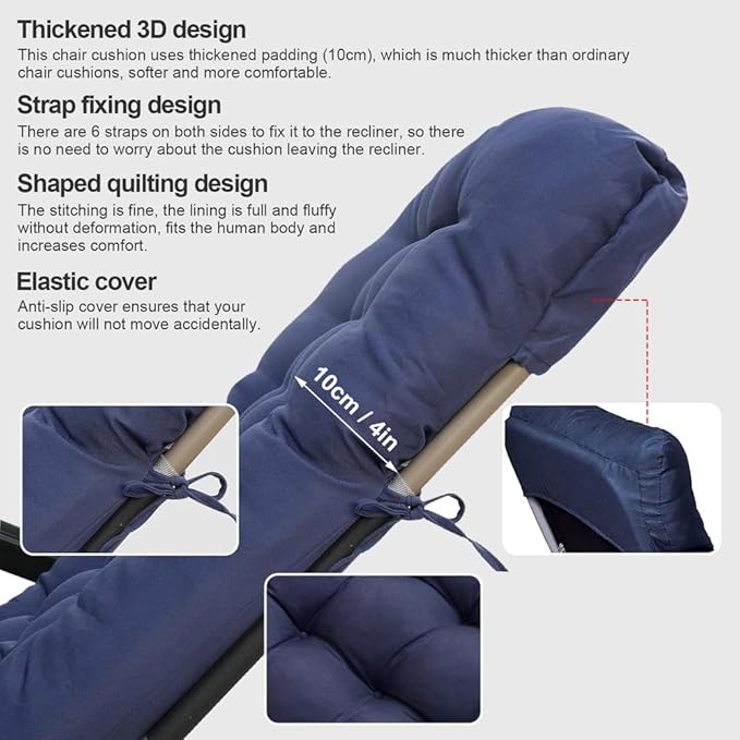 ERWUDEling Zero Gravity Lounge Chair Cushion 67 Inch - Thick & Soft Waterproof Patio Furniture Cushion for Outdoor/Indoor Use, Non-Slip with 6 Ties, Blue (19" W x 67" L x 4" T)