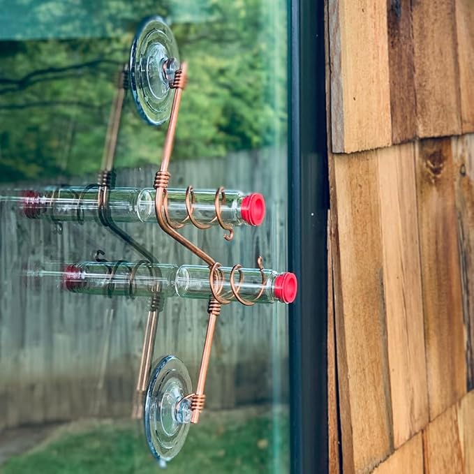 Geometric Window Hummingbird Feeder | Copper and Aluminum | Multiple Stations | Modern Hummingbird Feeder | Handcrafted | Home Décor | Glass Bottles | Suction Cups (Copper)