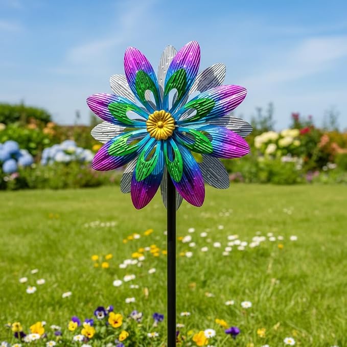 360°Metal Wind Spinner Outdoor,13”Double Wind Sculptures Garden Pinwheels with Metal Stak,Waterproof Pinwheels Large Wind Spinner for Yard and Garden（Purple）