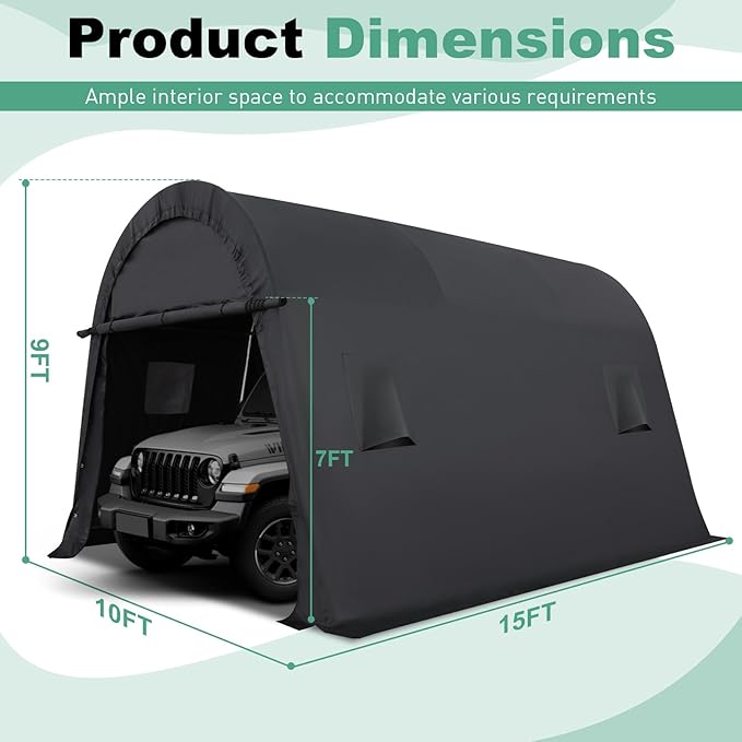 COBIZI Carport 10x15 Heavy Duty Portable Garage Storage Shelter Shed with All-Steel Metal Frame & Vents, Anti-Snow Waterproof Round Style Outdoor Storage Shed for Car, Truck, Boat, Patio Furniture