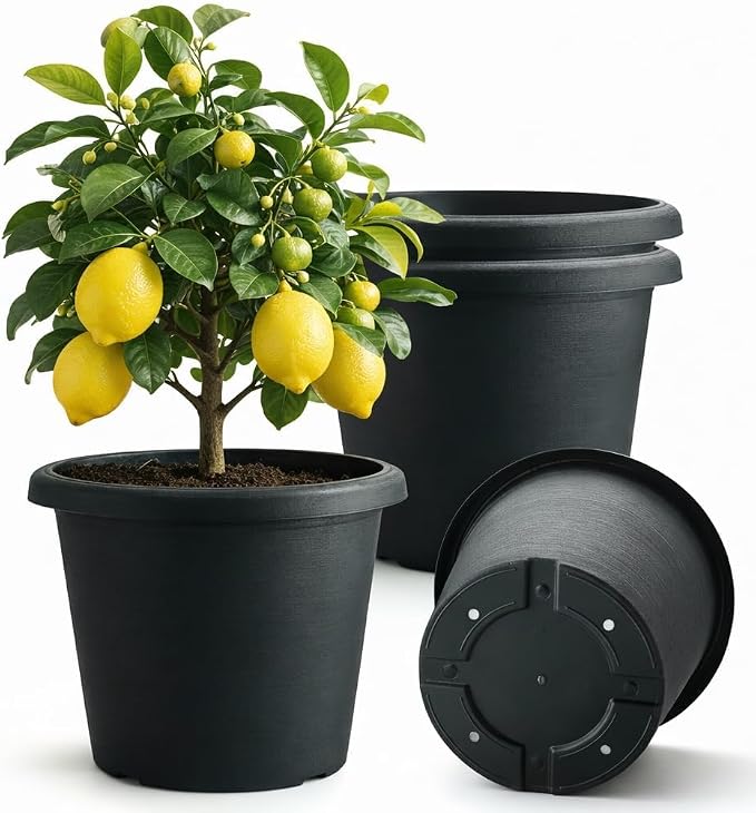 4 Pack 16 Inch Large Planters for Outdoor Plants, Heavy-Duty Plastic Plant Pots with Drainage Holes - 30L Capacity Indoor Outdoor Flower Pots, 16" Diax12" Tall, Cement Textured Patio Garden Containers