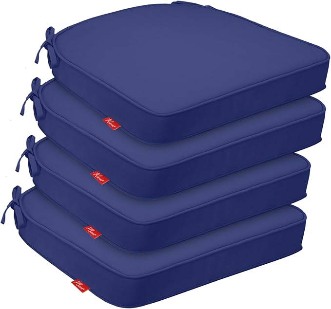 Outdoor Chair Cushions Set of 4, 19x19 Inch U-Shape Patio Seat Cushions with Ties, Water & Fade Resistant High Density Foam Cushions for Garden Patio Chairs, Deep Blue