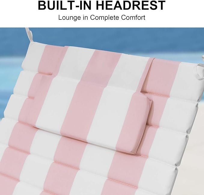 Crestlive Products Chaise Lounge Cushion Outdoor Set of 2, Waterproof Foldable Pool Lounge Chair Cushions with Straps 80''Lx26''W, Lounger Cushions for Outdoor Furniture, Patio, Pink Stripe