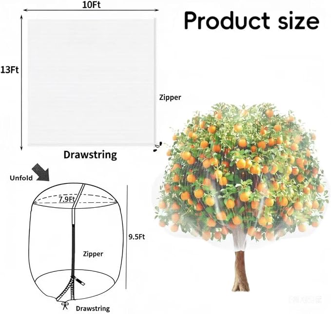 2-Pack 13x10FT Fruit Tree Netting BagsFruit Tree Netting with Zipper and Drawstring, Heavy Duty Bird Netting for Fruit Trees，Reusable Mesh Covers， Prevent Cicadas Bird Squirrel