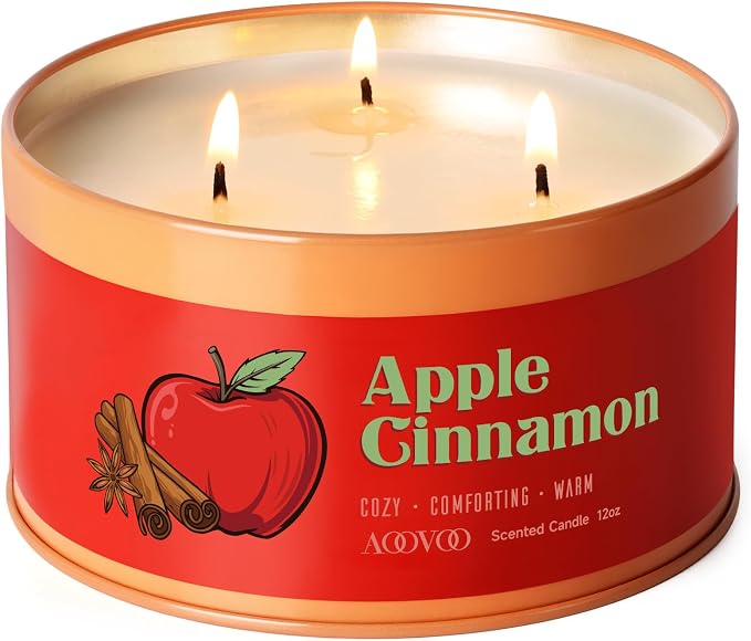 AOOVOO Apple Cinnamon Candle - 3 Wick 12oz Large Fall Candles, Soy Wax Strong Scented Candle Non Toxic, Long Lasting Aromatherapy Candle for Home, Holiday Gift for Women Men